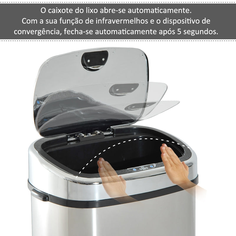 HOMCOM Balde de Lixo Inteligente de Aço Inoxidável 68L com Sensor Infravermelho de Abertura Automática e Contato Manual para Cozinha Dormitório Casa de banho 40,5x29,5x78cm Prata