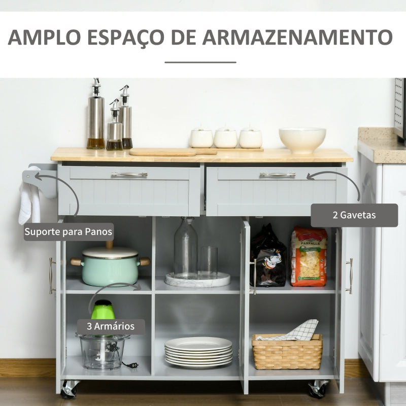 HOMCOM Carrinho de Cozinha com Rodas 2 Gavetas 3 Portas Prateleiras Ajustáveis e Barra para Sala de Jantar 121x46x91cm Cinza e Madeira