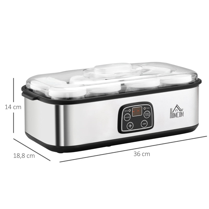 HOMCOM Iogurteira 30W Volume 1,44L com 8 Frascos de Cristal de 180ml Termostato Ajustável Temporizador de 1-48 Horas e Desligado Automático 36x18,8x14cm Prata