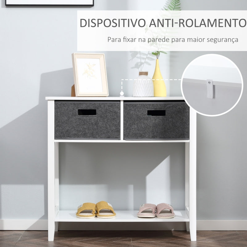 HOMCOM Mesa Consola com 2 Gavetas de Tecido 1 Prateleira de Armazenamento Móvel de Entrada para Corredor Sala de Estar 80x35x76cm Branco e Cinza