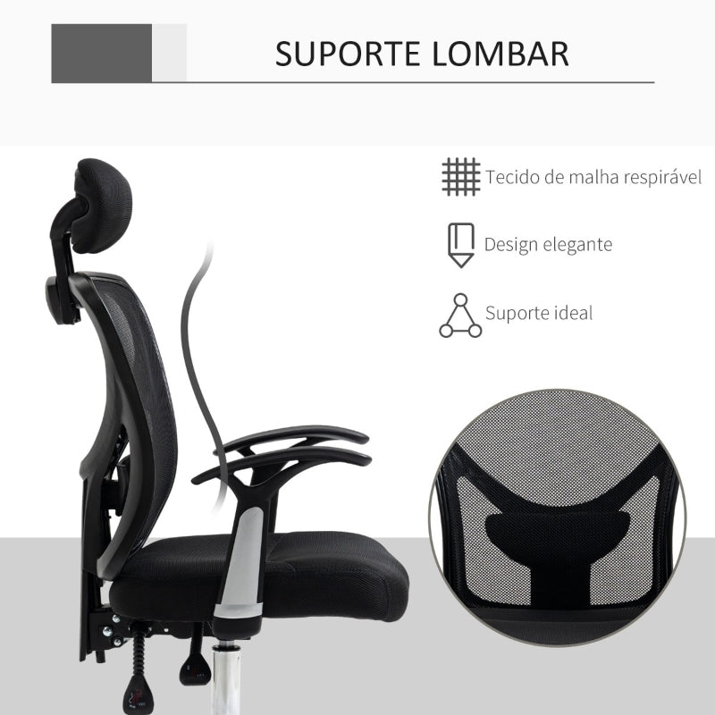 Vinsetto Cadeira de Escritório Ergonômica Cadeira de Escritório Giratória com Altura Ajustável Função Reclinável Apoio para a Cabeça e Suporte Lombar 65x67x108-118cm Preto