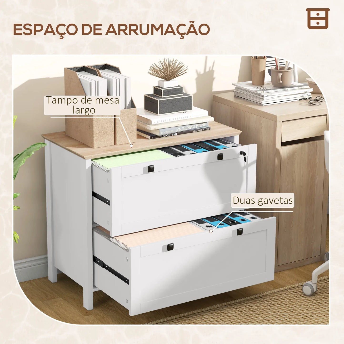 HOMCOM Armário de Escritório Móvel Arquivador com 2 Gavetas 2 Barras Suspensas para Tamanho A4 e 2 Chaves 79x40x72 cm Branco e Madeira