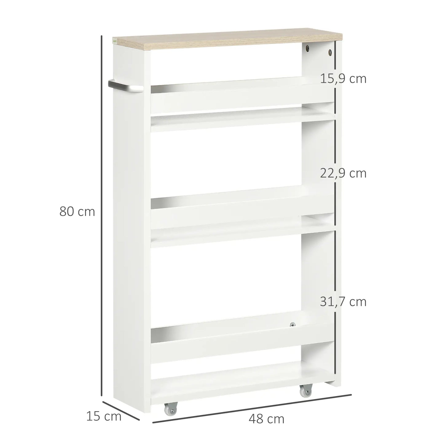 kleankin Estante de Armazenamento Casa de Banho de 3 Níveis Estante Estreita com Alça Lateral Estante com Rodas 48x15x80cm Branco