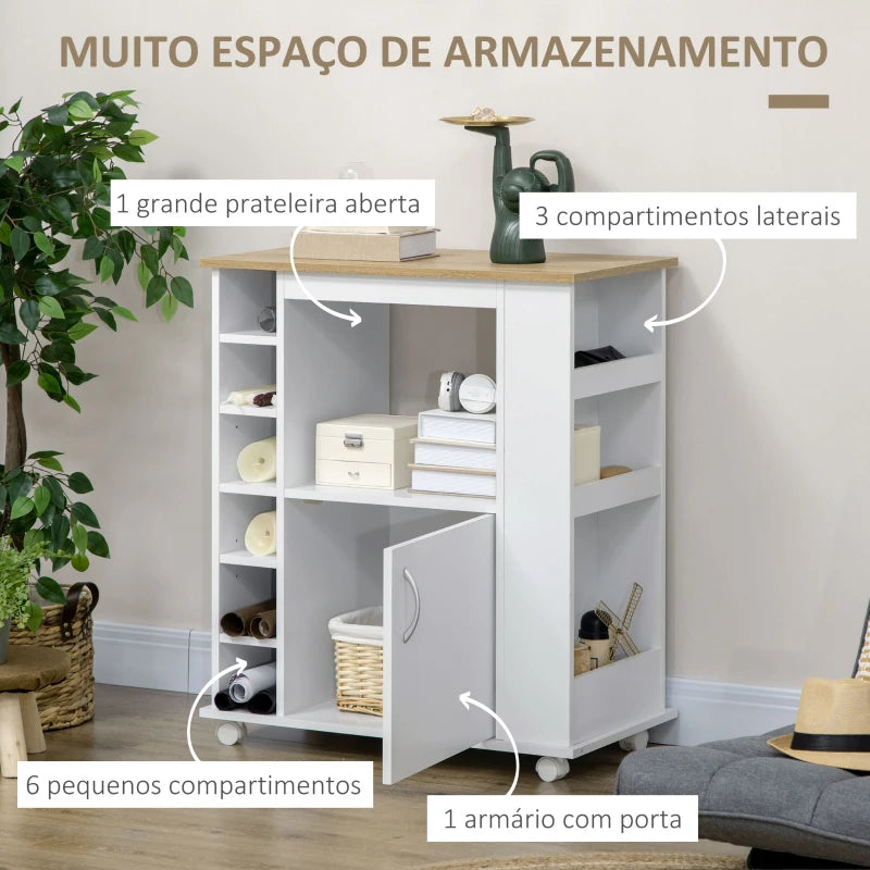 HOMCOM Móvel Auxiliar de Cozinha com Rodas com Porta Compartimentos de Armazenamento de Estilo Moderno 75x39,5x88cm Branco e Carvalho