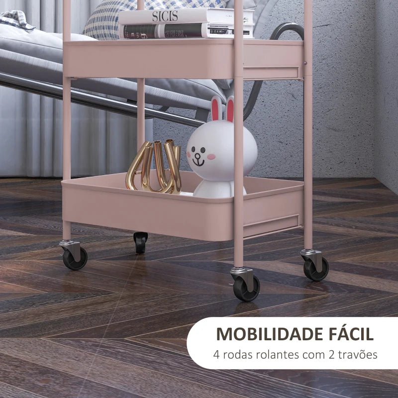 HOMCOM Carrinho Auxiliar de 3 Níveis com Rodas Carrinho de Armazenamento Deslizante para Cozinha Sala 45x30.6x79 cm Rosa