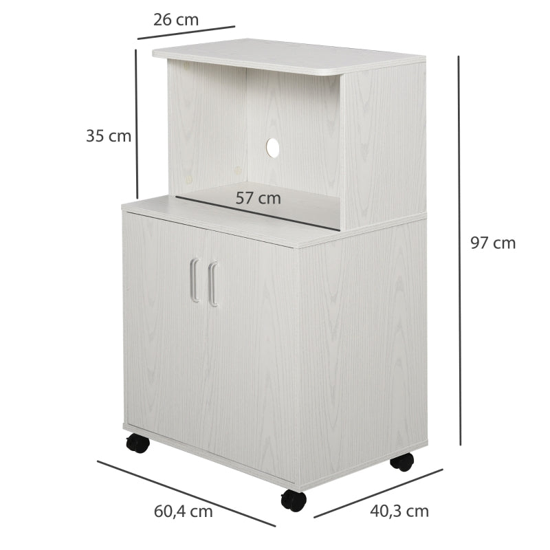 HOMCOM Armário Auxiliar para Microondas Armário de Cozinha Baixo com Armário de 2 Portas e Prateleira Ajustável com Rodas Carga 70 kg 60,4x40,3x97 cm Branco