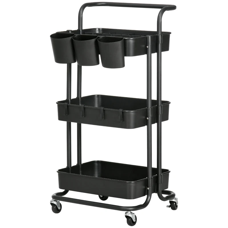 HOMCOM Carrinho de Cozinha Carrinho de Armazenamento com 4 Ganchos 3 Cestas Removíveis 3 Caixas Suspensas 42x38x86,5cm Preto