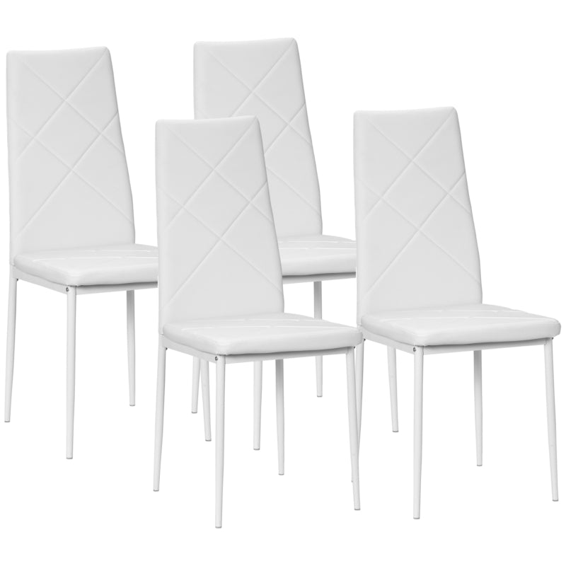 HOMCOM Conjunto de 4 Cadeiras de Sala de Jantar Estofadas em Couro Sintético com Encosto Alto e Pés de Aço 41x50x97cm Branco