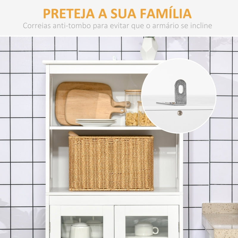 HOMCOM Armário de Cozinha com 2 Portas de Vidro Temperado 2 Prateleiras Abertas e Armário com Prateleira Ajustável 60x30x162 cm Branco