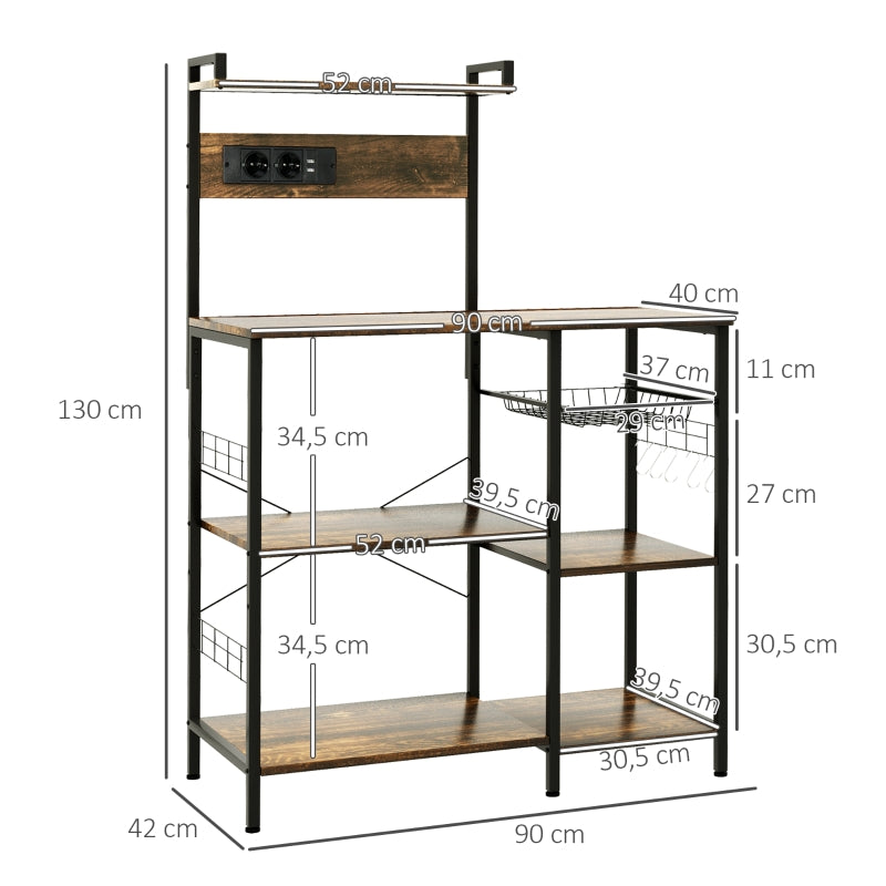 HOMCOM Estante de Cozinha com Ficha 2 Carregadores Prateleira Ajustável USB 5 Gancho em S e Cesta Amovível 90x42x130 cm Marrom Rústico