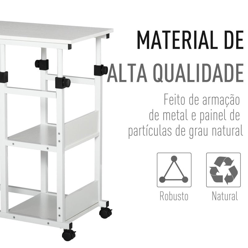 HOMCOM Mesa Lateral para Sofá Mesa lateral em Forma de C com 4 rodas Giratórias Freios Altura Ajustável 3 níveis Estrutura Metálica 80x40x72-82cm Branco