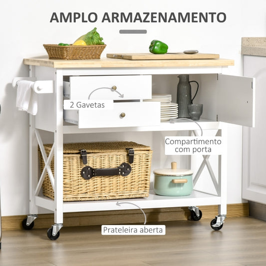 HOMCOM Carrinho de Cozinha com Rodas Aparador Multifuncional com Armário 2 Gavetas Prateleira e Barra para Panos 108x45x89cm Branco