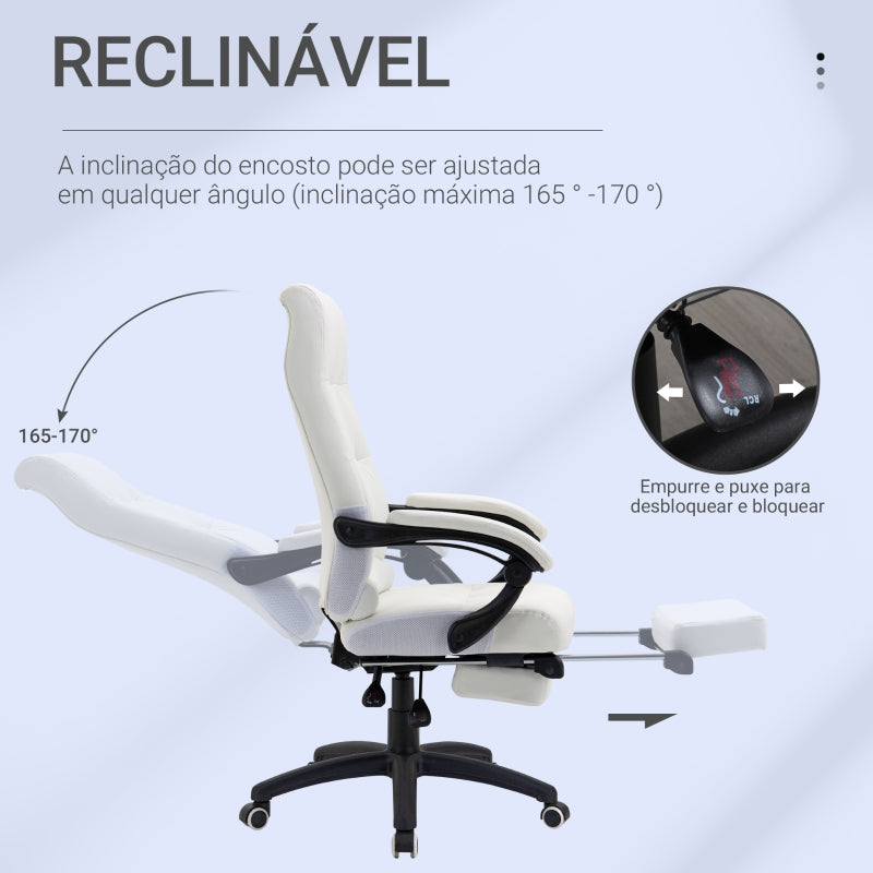 Vinsetto Cadeira de escritório ergonômica giratória com função de inclinação altura ajustável Apoio de braço e apoio para os pés em couro sintético 65x65x118-125 cm Branco