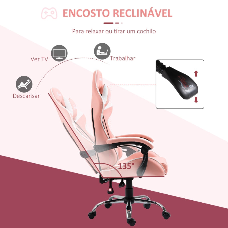 Vinsetto Cadeira Gaming Ergonômica Cadeira Reclinável com Altura Ajustável Apoio para a Cabeça e Lombar 63x67x122-130cm Rosa e Branco