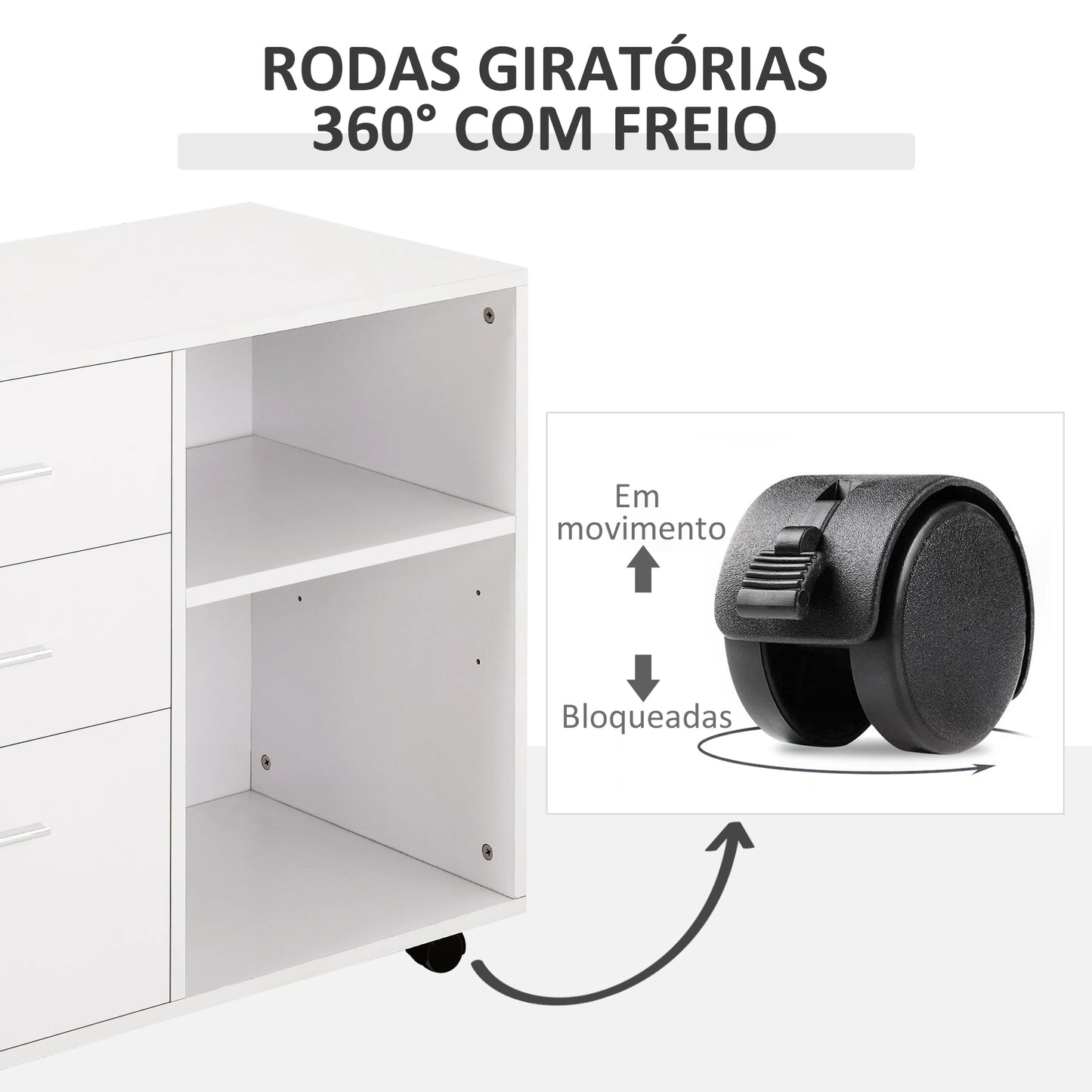 HOMCOM Armário de Escritório para Impressora Multifuncional com 3 Gavetas Prateleira Ajustável e Rodas 80x40x65cm Branco