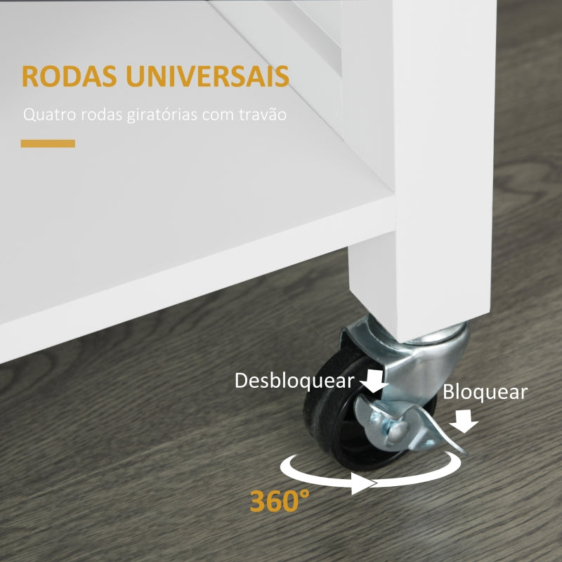 HOMCOM Ilha de Cozinha com Rodas 1 Gaveta 2 Portas 3 Prateleiras Abertas e Barra lateral 107,5x48x89cm Branco