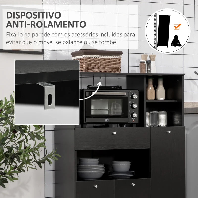 HOMCOM Aparador Auxiliar para Microondas Buffet de Cozinha com 2 Armários com Portas 1 Gaveta e Prateleiras 90x40x120 cm Preto