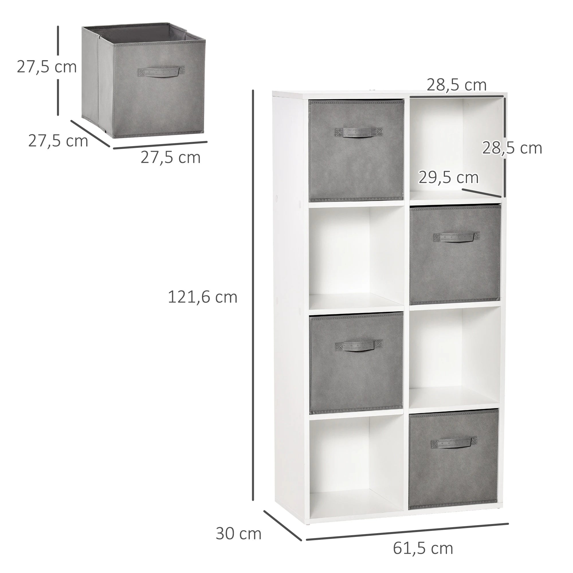 HOMCOM Estante para Livros de 8 Cubos Estante Modular com 4 Cestos Removíveis de TNT para Escritório Estúdio Dormitório 61,5x30x121,6cm Branco e Cinza