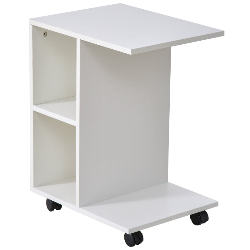 HOMCOM Mesa de Apoio para Sofá em forma de C com prateleiras e rodas para sala de estar e quarto 45x35x58 cm Branco