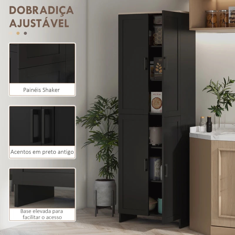 HOMCOM Armário de Cozinha com 4 Portas e Prateleiras Ajustáveis Anti-Tombo 60x30x170,5 cm Preto