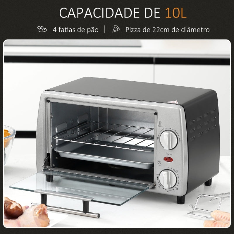 HOMCOM Mini Forno Elétrico de 10 Litros 750W com Temperatura até 230 °C Temporizador 60 Minutos Bandeja e Grade 36,5x26x22cm Preto e Prata