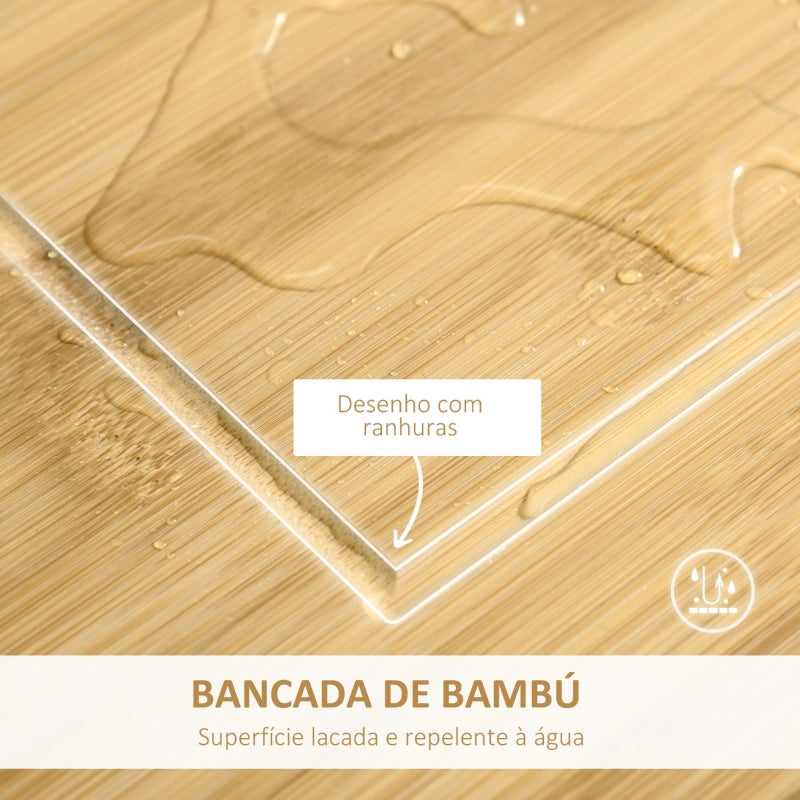 HOMCOM Carrinho de Cozinha com Rodas Carro de Armazenamento Multiúso com Bancada de Bambu Gaveta Cesta Metálica e Armário de 2 Portas de Persiana 58x37x83cm Branco