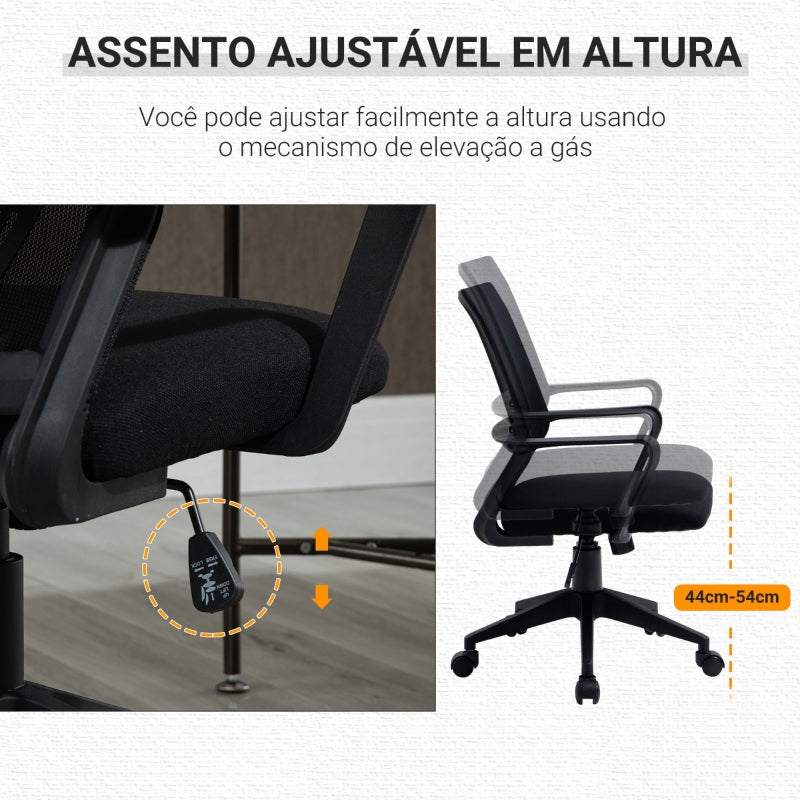 Vinsetto Cadeira de escritório ergonômica giratória ajustável em altura com apoio de braços e apoio lombar Tecido respirável 61x58.5x89-99 cm Preto