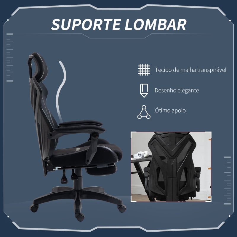 Vinsetto Cadeira de Gaming com Apoio para os Pés Retrátil Cadeira de Escritório Reclinável com Apoio para a Cabeça e Altura Ajustável 65x65x119-129cm Preto