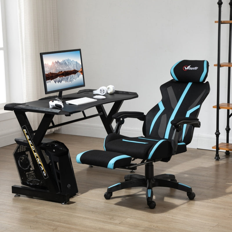 Vinsetto Cadeira de Gaming com Apoio para os Pés Retrátil Cadeira de Escritório Reclinável com Apoio para a Cabeça e Altura Ajustável 65x65x119-129cm Preto e Azul