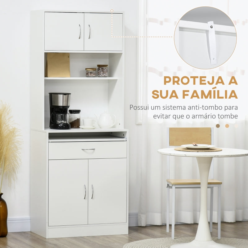 HOMCOM Armário de Cozinha com 4 Portas Bandeja Amovível Prateleira Ajustável Gaveta e Bancada para Micro-Ondas 70x40x180 cm Branco