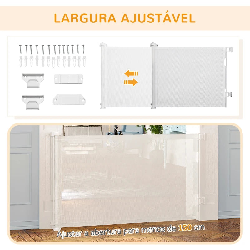 PawHut Barreira de Segurança para Cães Extensível 0-150cm Porta de Proteção Retrátil para Animais de Estimação 165x10,7x85cm Branco