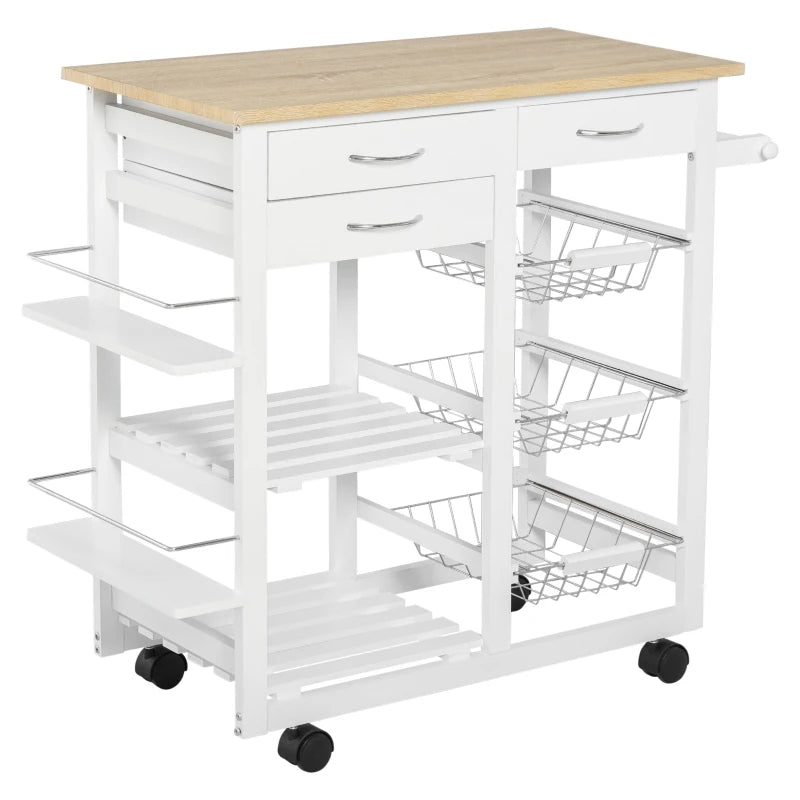 HOMCOM Carrinho de cozinha multifuncional com gavetas Cestas Prateleiras de especiarias Toalheiro Rodas 92x37x82 cm Branco