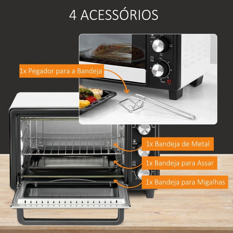 HOMCOM Mini Forno 16L com 3 Modos de Aquecimento Temperatura até 230°C Temporizador 44x32x28,1cm Branco e Preto