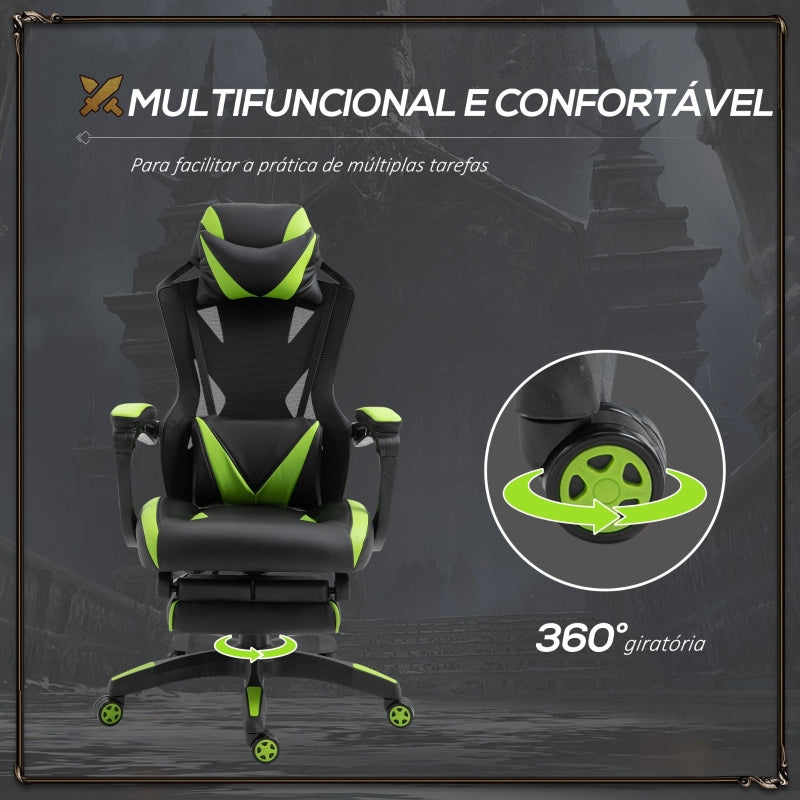 Vinsetto Cadeira Gaming Ergonómica Cadeira Gaming para Escritório com Altura Ajustável Encosto Regulável Almofada Lombar Apoio para os Pés Retráteis 65x70x117-125cm Verde