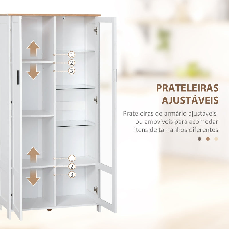 HOMCOM Armário de Cozinha com Porta de Vidro Prateleiras Ajustáveis e Pés Elevados 76x36x160 cm Branco