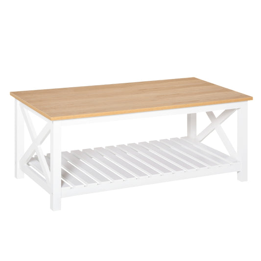 HOMCOM Mesa de Centro para Sala de Estar Mesa de Café com Prateleira de Armazenamento Inferior 116x60x48cm Madeira Natural e Branco