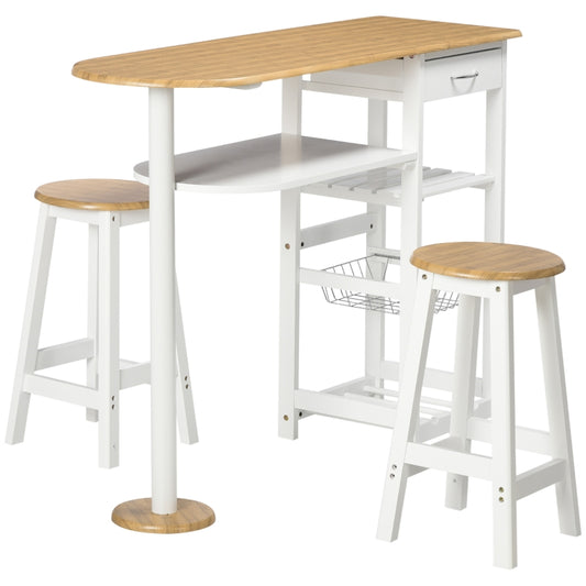 HOMCOM Conjunto de Mesa com 1 Gaveta 2 Prateleiras Cesta Removível e Suporte para Garrafas 119x38,5x88,5cm e 2 Bancos 29x29x55cm Branco