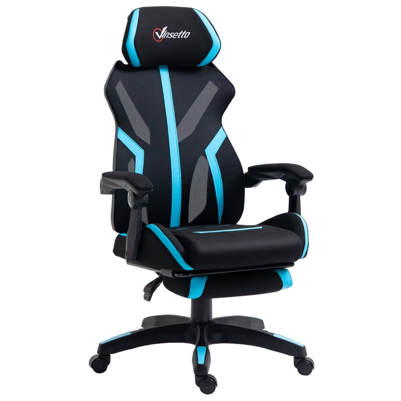 Vinsetto Cadeira de Gaming com Apoio para os Pés Retrátil Cadeira de Escritório Reclinável com Apoio para a Cabeça e Altura Ajustável 65x65x119-129cm Preto e Azul