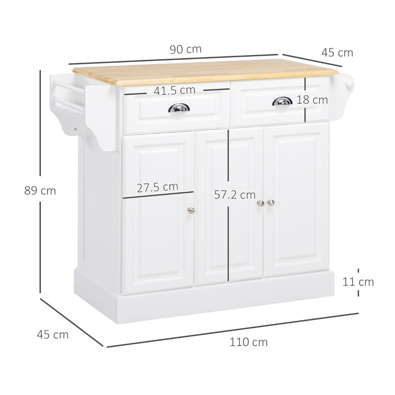 HOMCOM Carrinho de Cozinha com Rodas 2 Gavetas 3 Armários Suporte para Panos e para Temperos para Sala de Jantar 110x45x89cm Branco