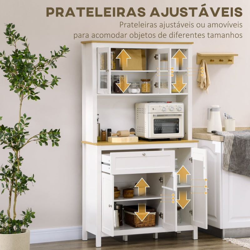 HOMCOM Armário de Cozinha com 5 Portas Prateleiras Ajustáveis Gaveta e Bancada para Micro-Ondas 100x40x180 cm Branco e Madeira