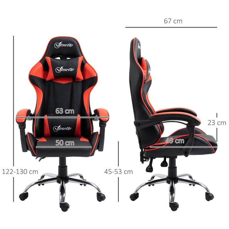 Vinsetto Cadeira Gaming Ergonômica Cadeira para Videojogos Reclinável com Altura Regulável Apoio para a Cabeça e Almofada Lombar 63x67x119-127cm Vermelho e Preto