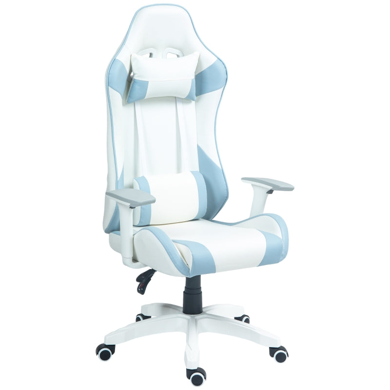 HOMCOM Cadeira Gaming Reclinável com Almofada Lombar Apoio de Cabeça Basculante e Altura Ajustável 67x60x120-128 cm Branco e Azul