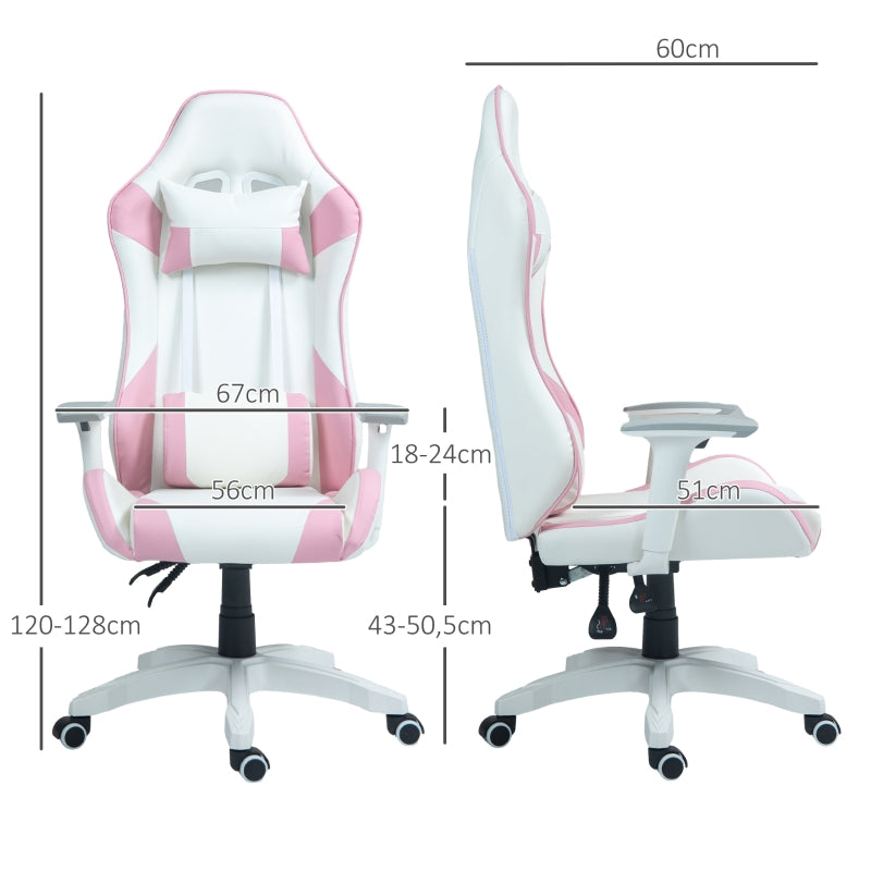 HOMCOM Cadeira Gaming Reclinável com Almofada Lombar Apoio de Cabeça Basculante e Altura Ajustável 67x60x120-128 cm Branco e Rosa