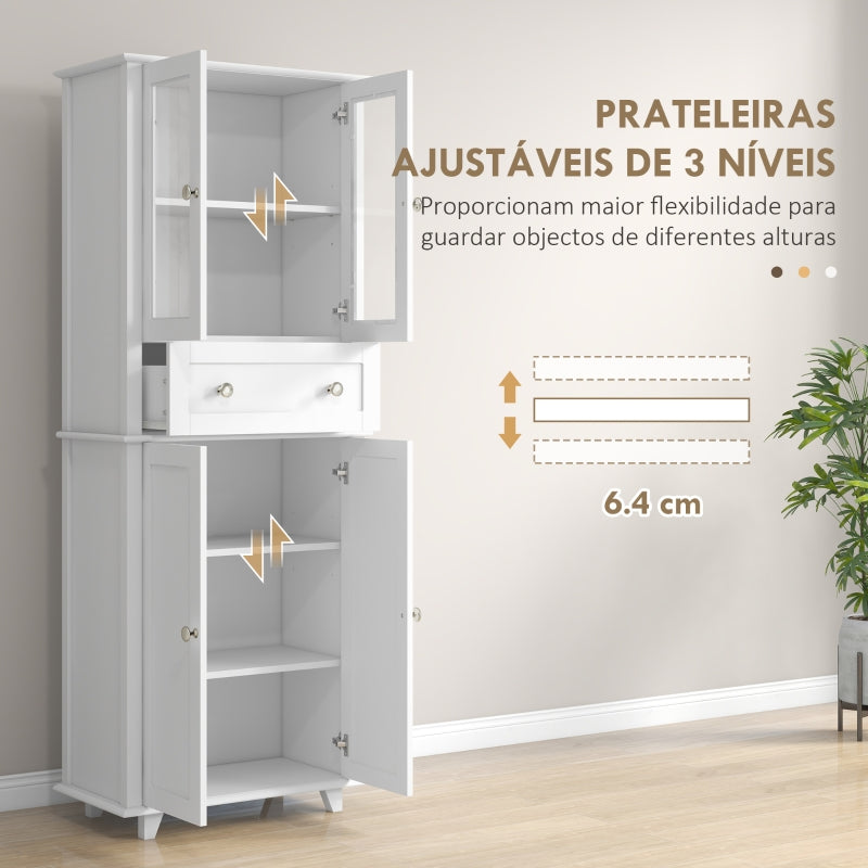 HOMCOM Armário de Cozinha Móvel Auxiliar de Cozinha com 2 Portas de Vidro Gaveta e Prateleiras Ajustáveis 61x35x168,5 cm Branco