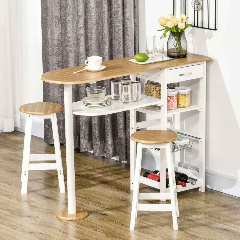 HOMCOM Conjunto de Mesa com 1 Gaveta 2 Prateleiras Cesta Removível e Suporte para Garrafas 119x38,5x88,5cm e 2 Bancos 29x29x55cm Branco