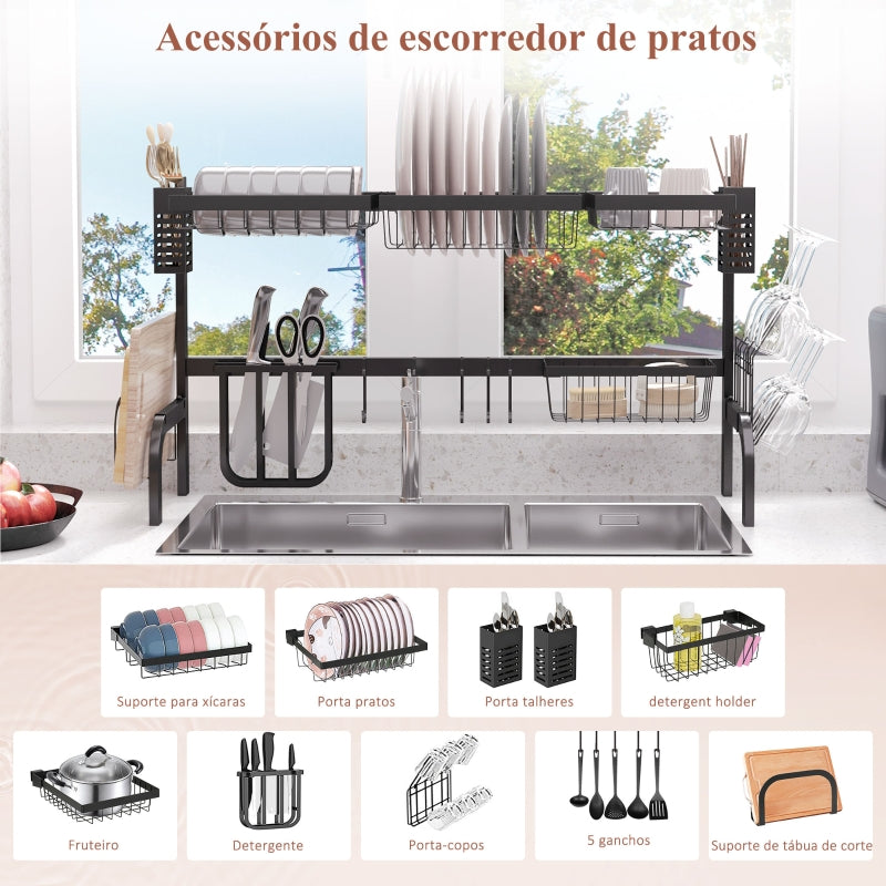 HOMCOM Escorredor de Louça de Aço de 2 Níveis com Prateleira 100x30x52,5cm Preto