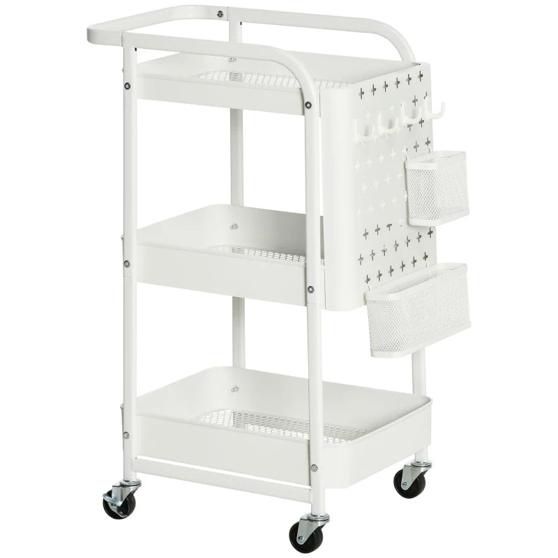 HOMCOM Carrinho de Cozinha com Rodas Carrinho de Armazenamento de 3 Níveis com 4 Ganchos 2 Cestas Alça de Transporte e Rodas com Freio para Casa de Banho Escritório Dormitório 51,5x32x75,6cm Branco