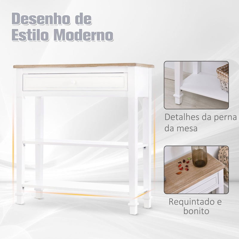 HOMCOM Mesa Consola Multifuncional Mesa auxiliar para Sala de Estar Corredor Sala de Jantar com 2 Prateleiras 1 Gaveta Removível puxador Estilo Retro Pinho 75,6x27,5x80,5 cm Madeira Natural Branco