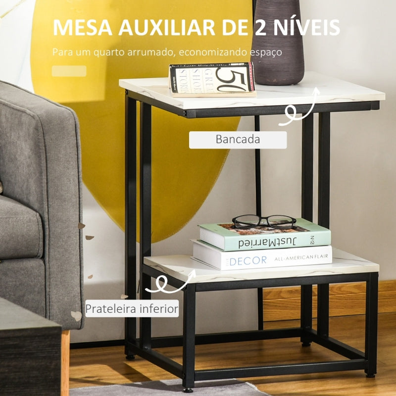 HOMCOM Mesa Auxiliar de 2 Níveis Mesa Lateral de Sofá em Forma de C com Superfície de Imitação de Mármore e Estrutura de Aço para Sala de Estar 45x40x61,5cm Branco e Preto