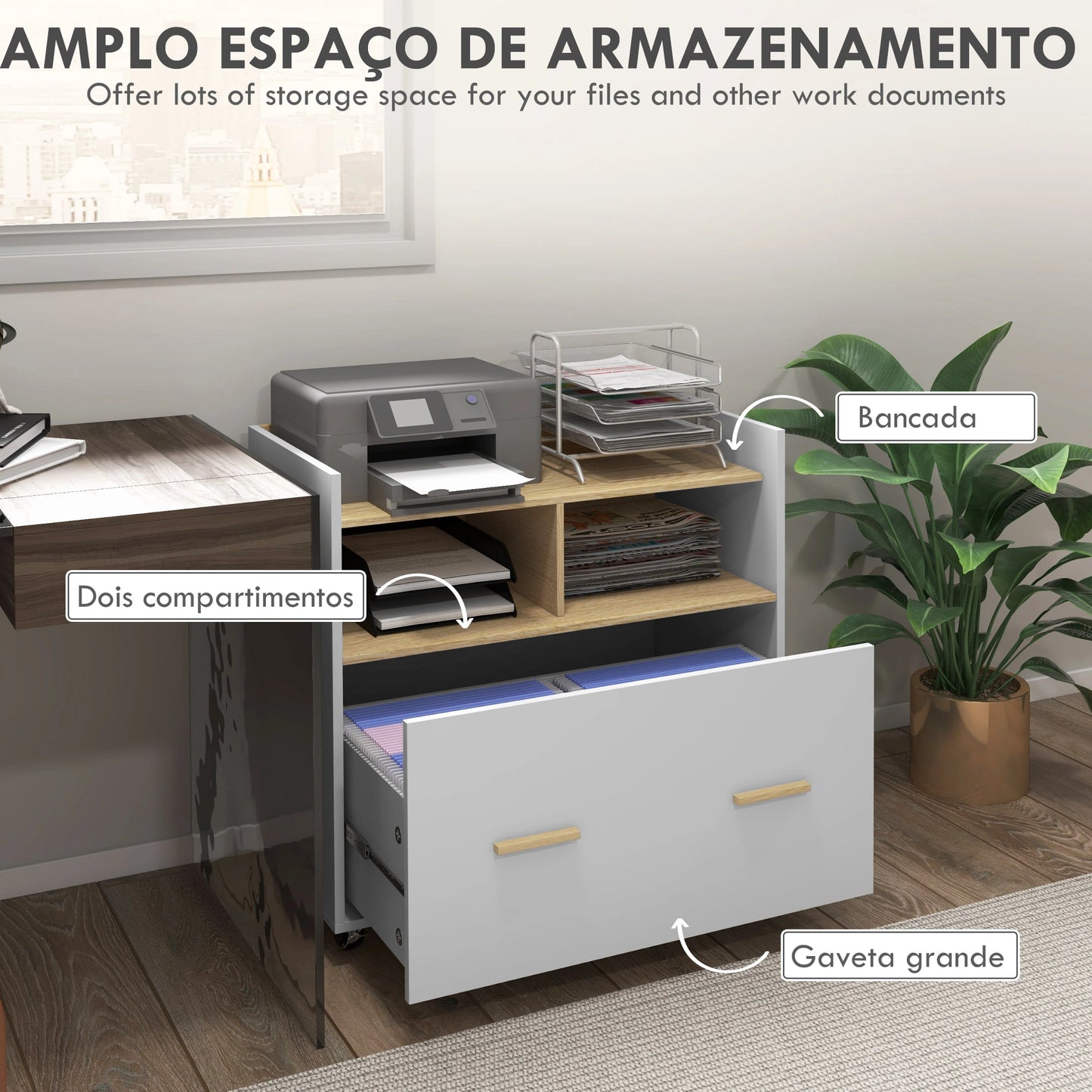 Vinsetto Armário para Escritório Armário para Arquivos com Rodas e Barra Suspensa para Tamanho A4 76x40x75,5 cm Branco e Madeiraco (Copiar)